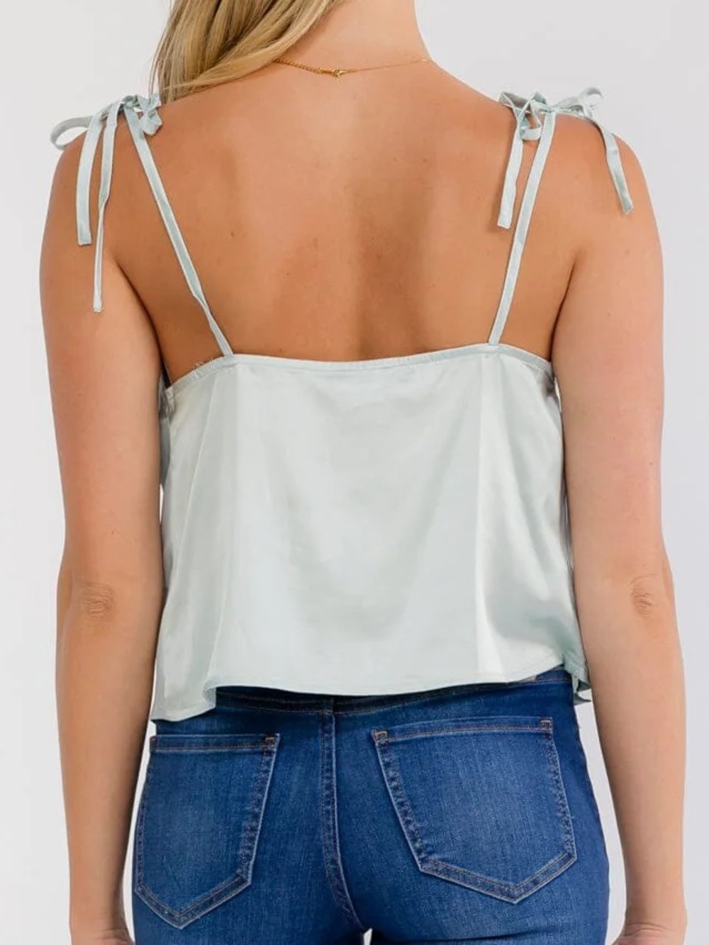 Satin Cowl Neck Tie-Strap Camisole in Light Blue Green - Picture 3 of 4